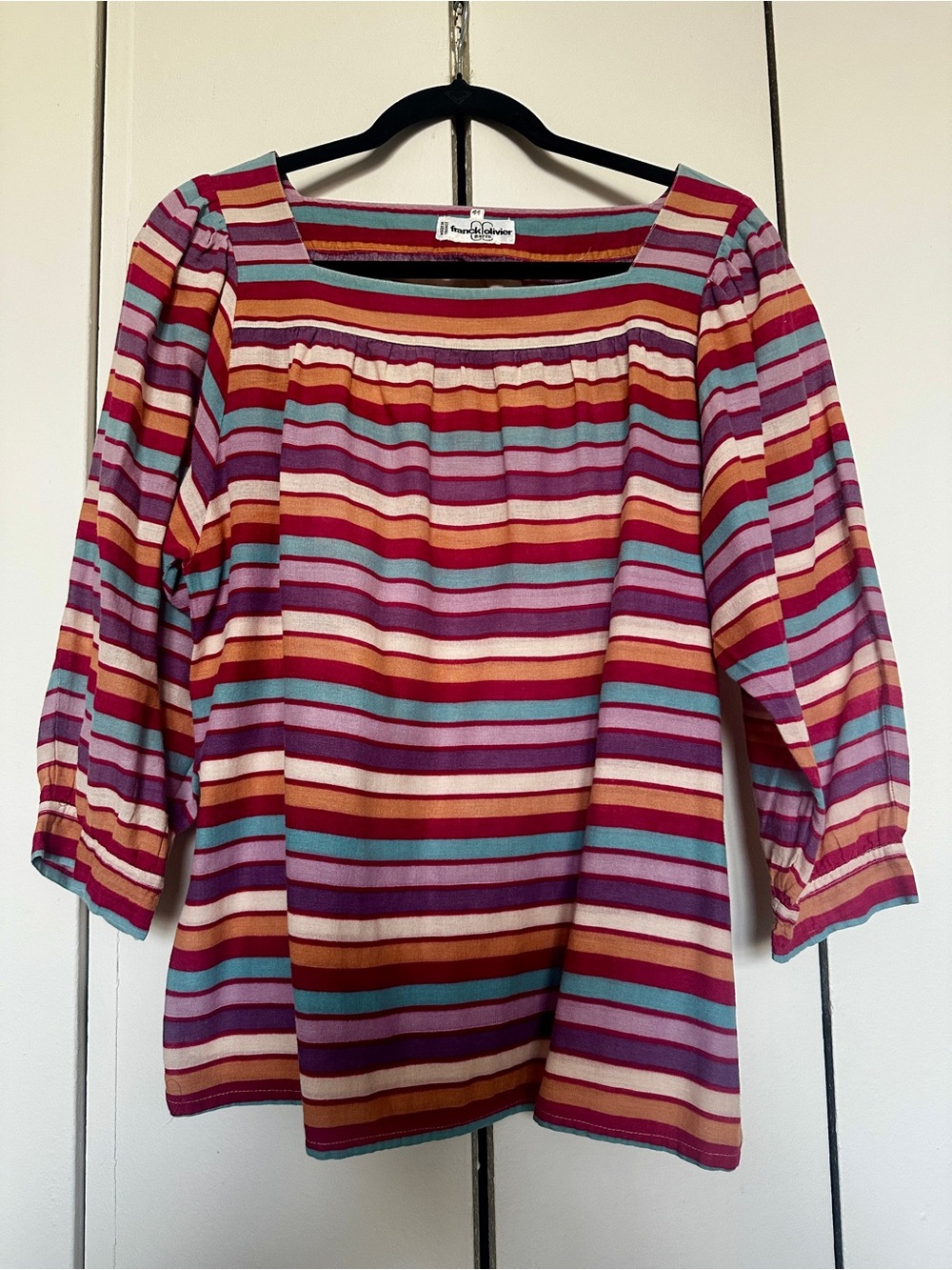 Vintage 70s FRANCK OLIVIER Paris Stripe Square-Neck Puff 3/4 Sleeve Top Boho S/M